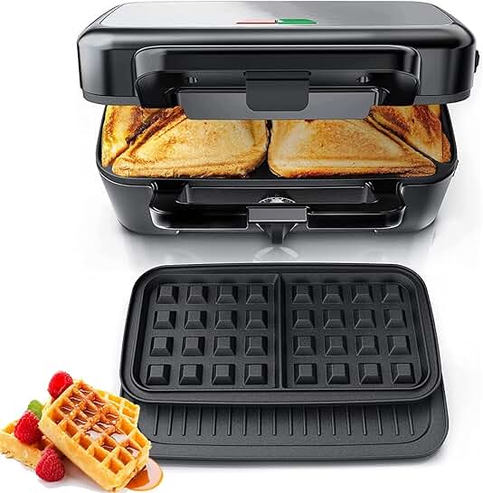 3-in-1 Sandwich and Waffle Maker with Removable Plates
