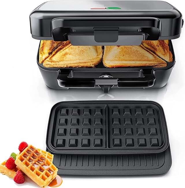 3-in-1 Sandwich and Waffle Maker with Removable Plates