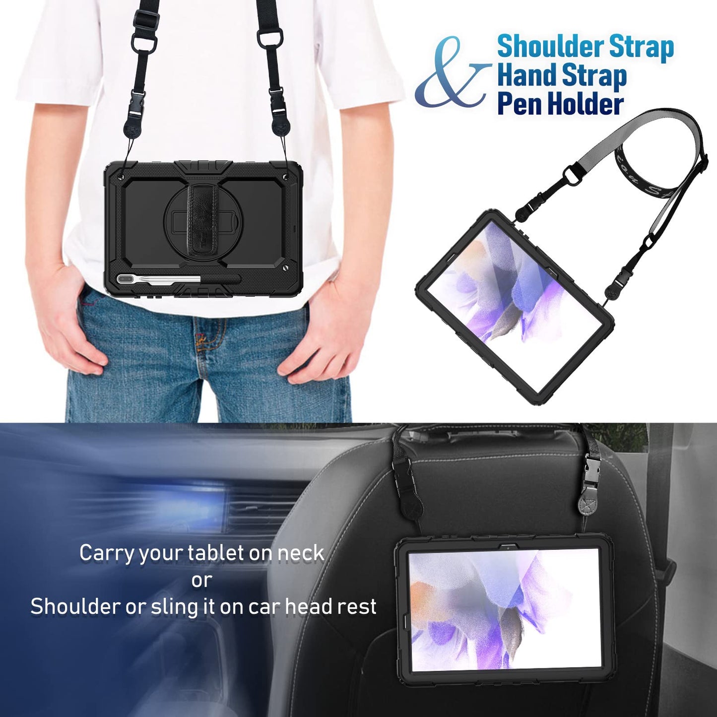 Case for Samsung Galaxy Tab S8 Plus/ S7 FE 5G 12.4'' Case With Screen Protector & 360 Degree Swivel Kickstand & Hand Shoulder Strap Case for Galaxy Tab S7 FE/ S8 Plus/ S7 Plus 12.4 inch-Black