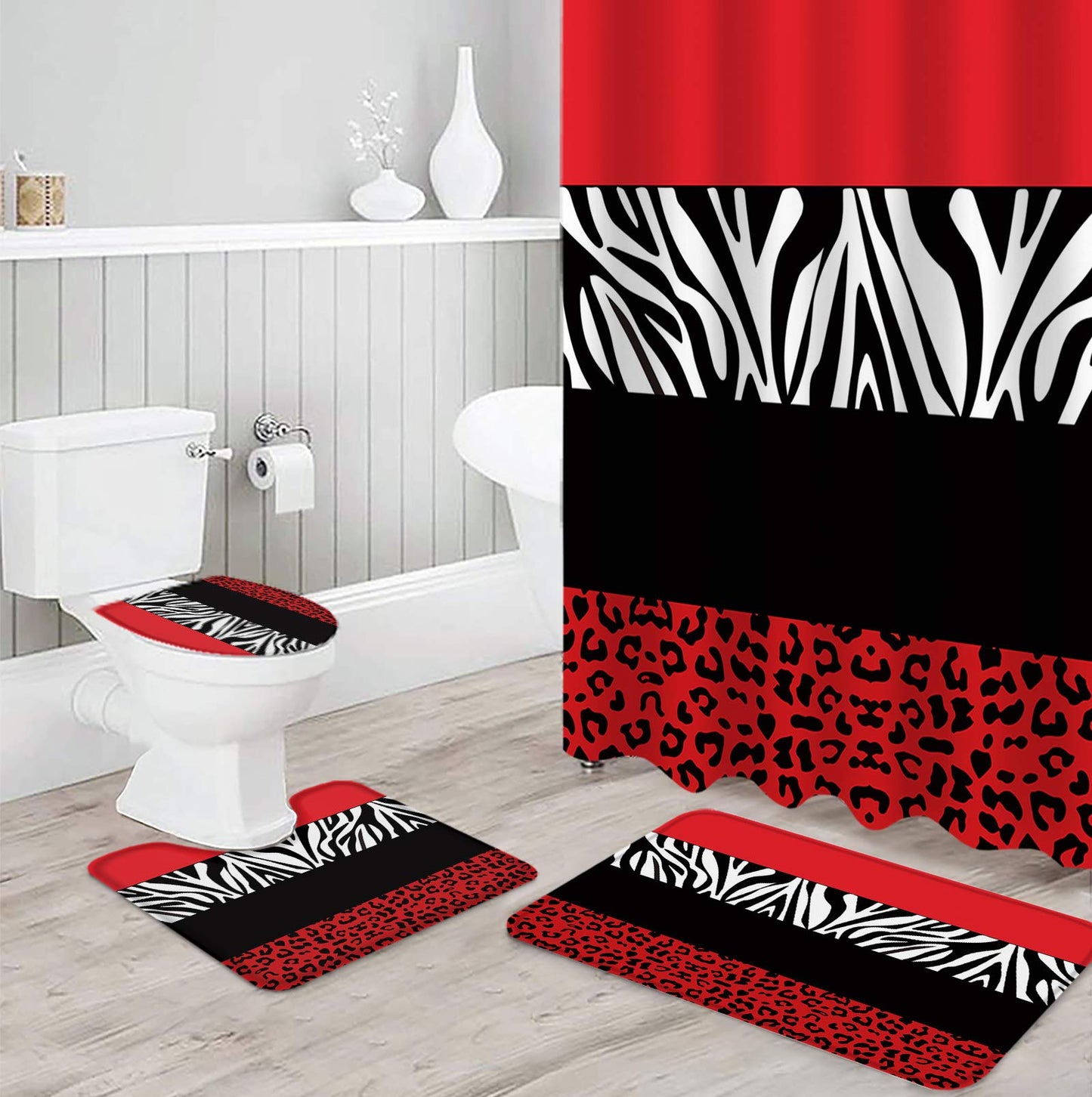 4 Piece Shower Curtain Sets Stylish Zebra Leopard Red Retro Art Illustration Stripes Non- Rug, Tet Lid Cover, Bath Mat Waterproof Shower Curtain Bathroom Sets with 12 Hooks Bath Decor