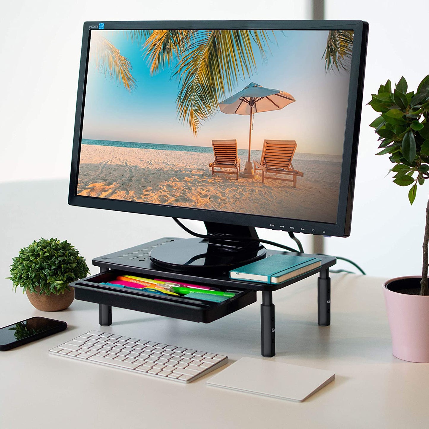 Back Saver Monitor Riser Stand with Drawer - 2 Pack - Gain 5 Weeks a Year, Less Pain & Peak Productivity with Anti Skid Mesh Metal Desktop Stand for PC Laptop Notebook Printer, Computer, iMac