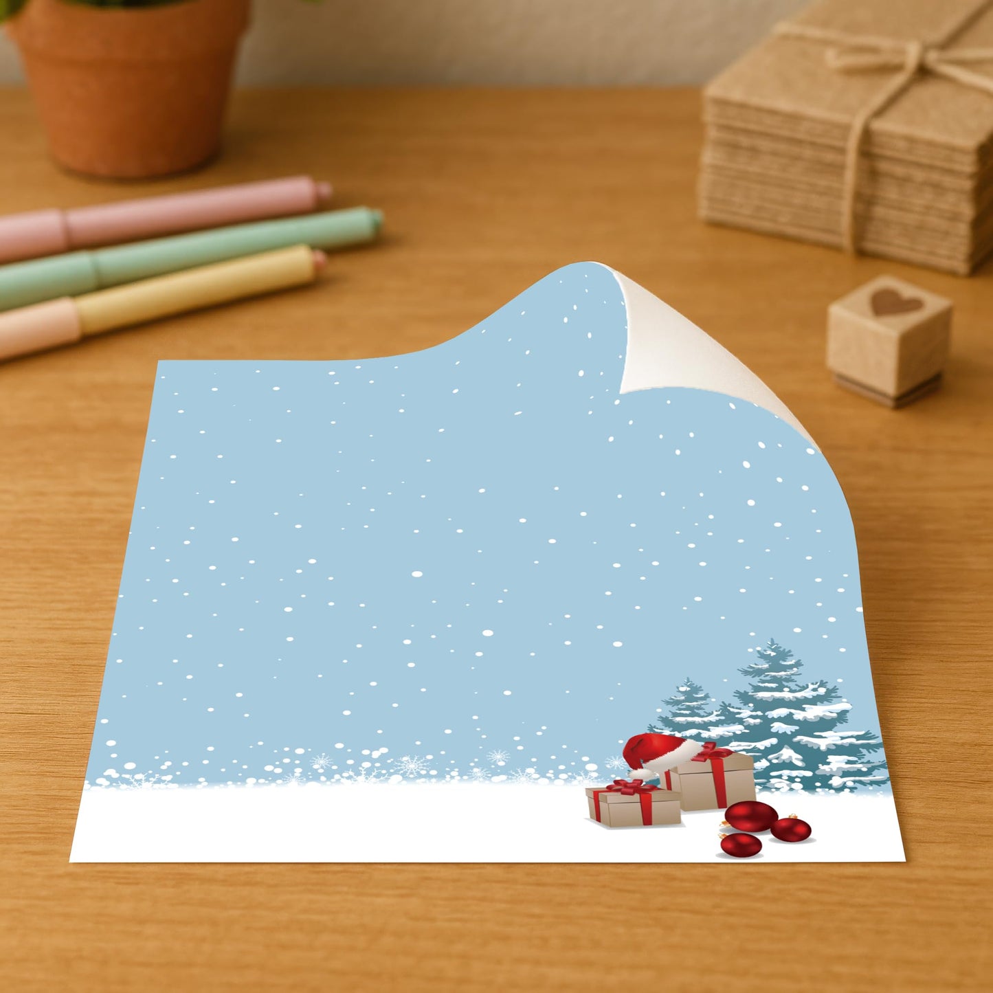 Holiday Paper with Snowy Scene and Gift Boxes