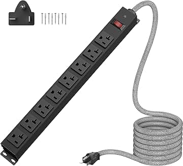 Heavy Duty 20 Amp Power Strip with 8 Outlets and 15Ft Cord