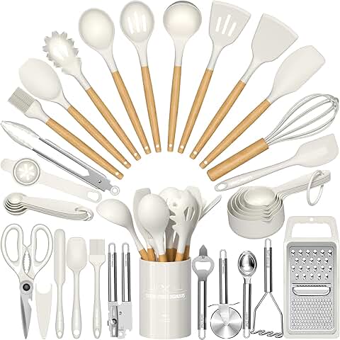 34-Piece Silicone Kitchen Utensil Set with Wood Handles
