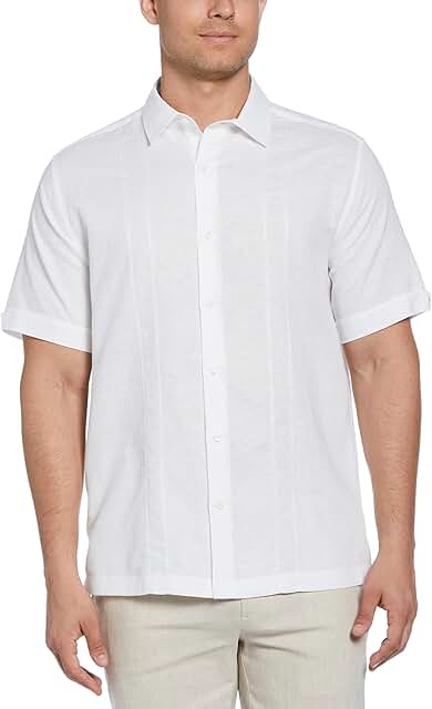 Men's Short Sleeve Linen Blend Shirt with Embroidered Panel