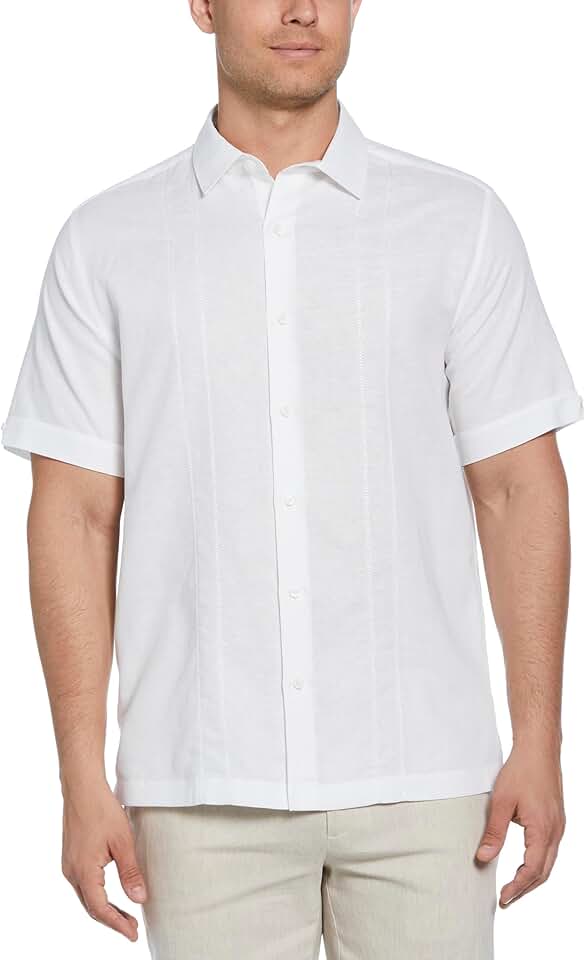 Men's Short Sleeve Linen Blend Shirt with Embroidered Panel