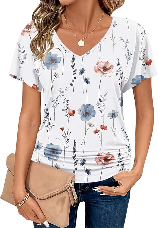 Women's V-Neck Short Sleeve Blouse, Ruched, Casual to Business
