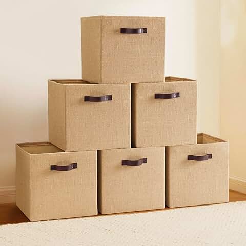Set of 6 Fabric Storage Bins with Leather Handles