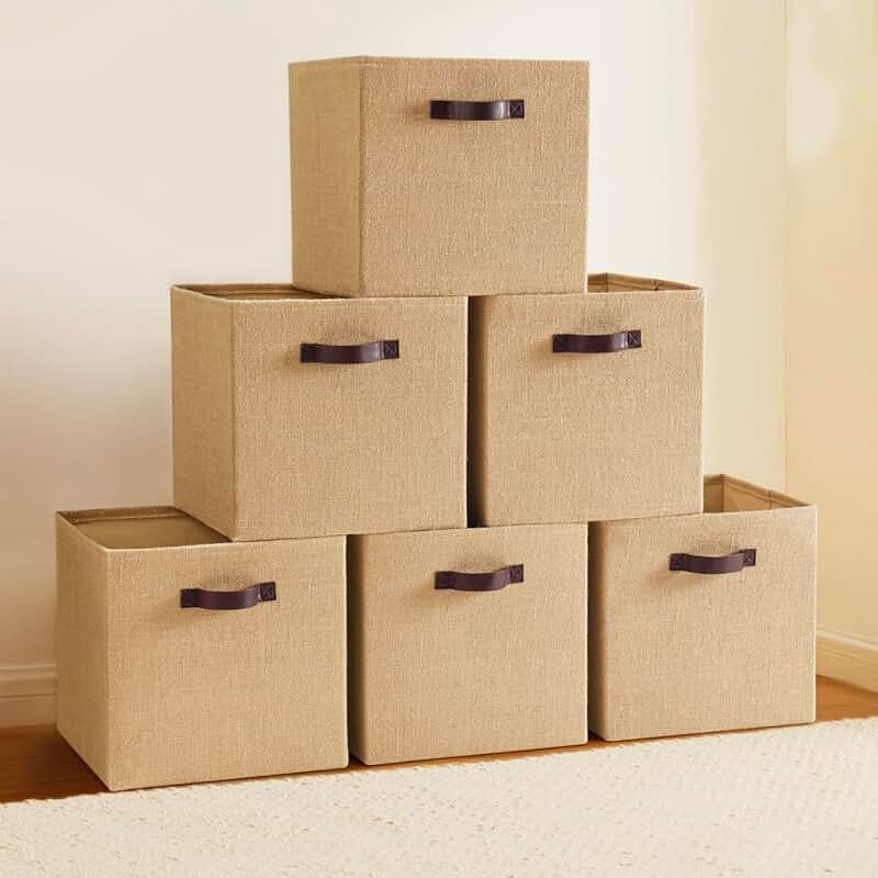 Set of 6 Fabric Storage Bins with Leather Handles