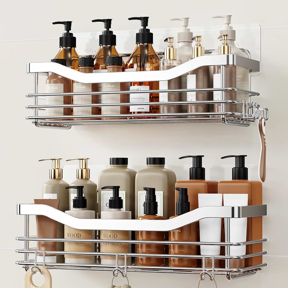 2 Pack Rustproof Wall-Mounted Shower Caddy with Hooks