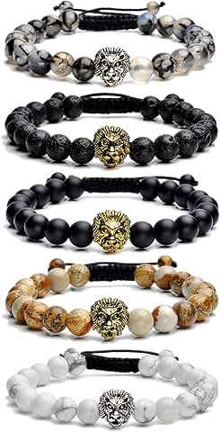Set of five adjustable natural stone bead bracelets