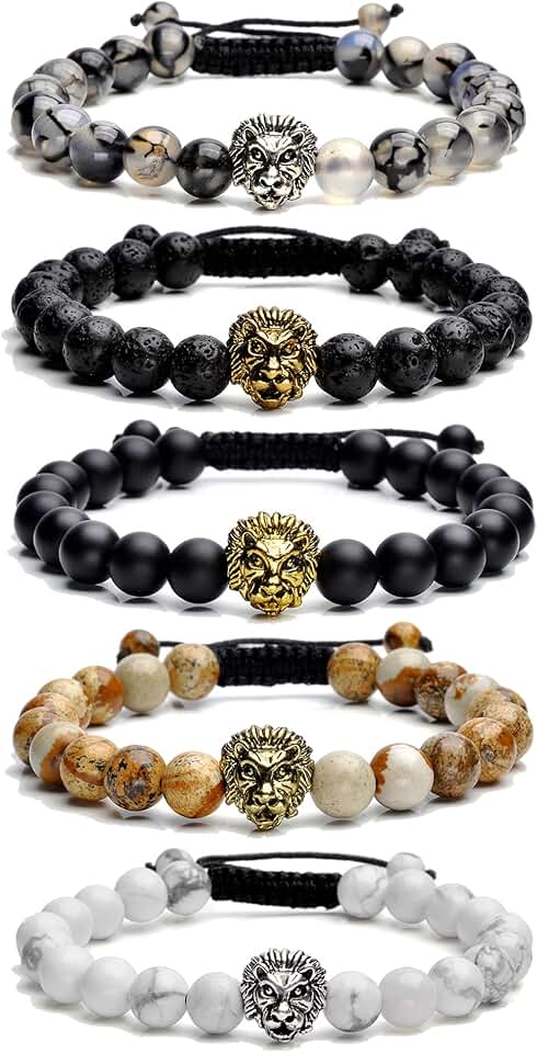 Set of five adjustable natural stone bead bracelets