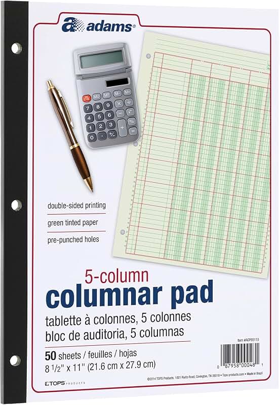 Green 5-Column Ledger Pad, 8.5" x 11"