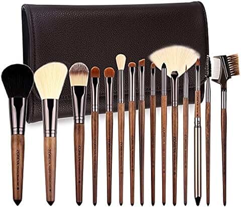 15-Piece Walnut Makeup Brush Set with Vegan Leather Bag