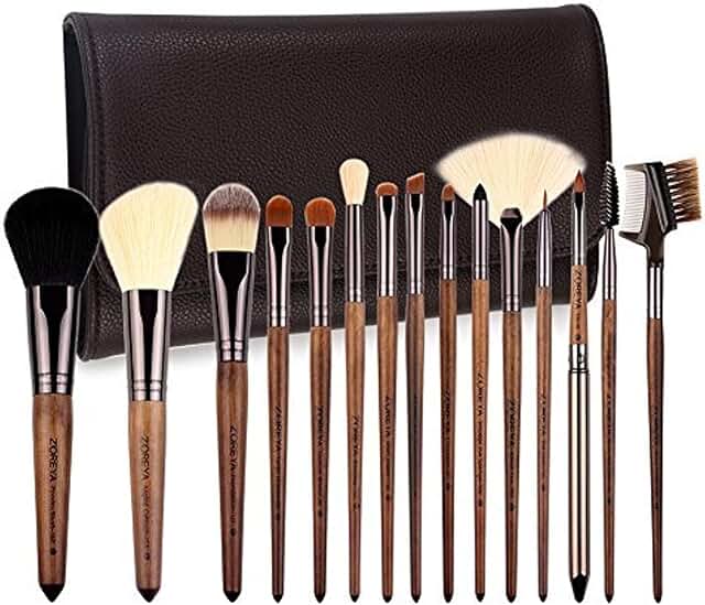 15-Piece Walnut Makeup Brush Set with Vegan Leather Bag
