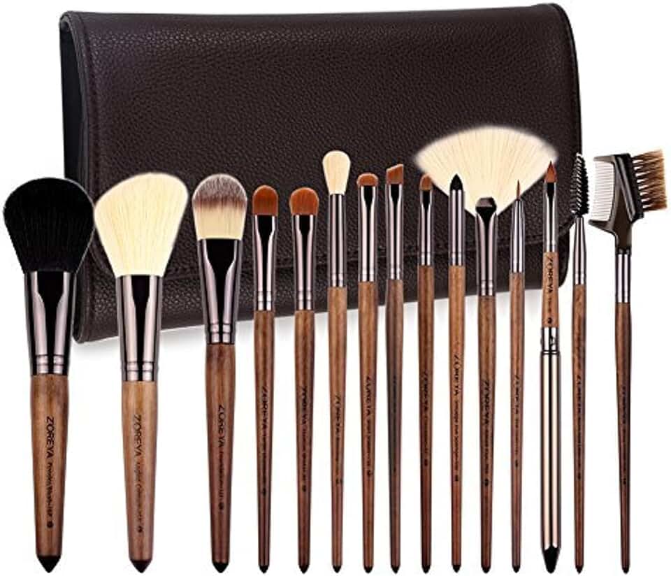 15-Piece Walnut Makeup Brush Set with Vegan Leather Bag