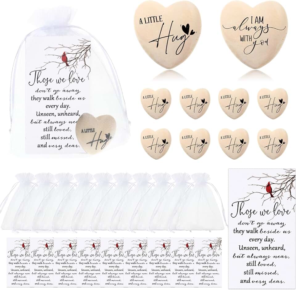 75 Funeral Favor Sets with Wooden Hearts and Cards
