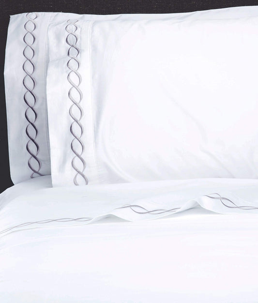Melange Sateen Cotton Rope Embroidery Stripe Sheet Set, King, Grey on White