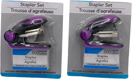 MODAIO-Colorful Mini Staplers, 2.75 x 1.75 x 1.25 in - 2/pcs - Comes with 500 Count Pack of Staples (Purple)