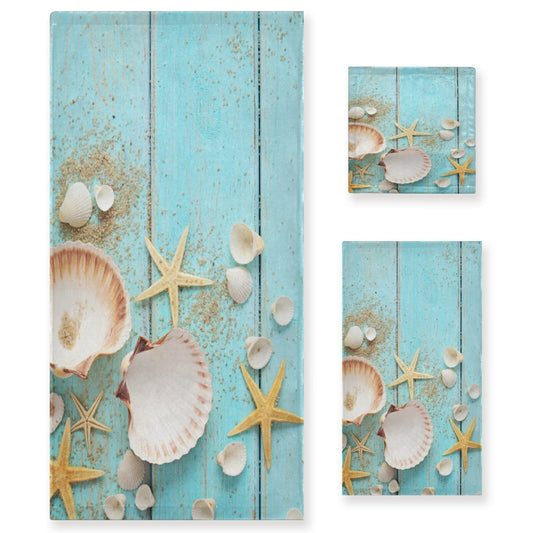 Shells Starfish On Sea Shore Bath Towel Set 3 Ultra Soft Fast Dry Summer Sea Face Towel Absorbent Bathroom Towel Set Shower Hand Face Washcloths