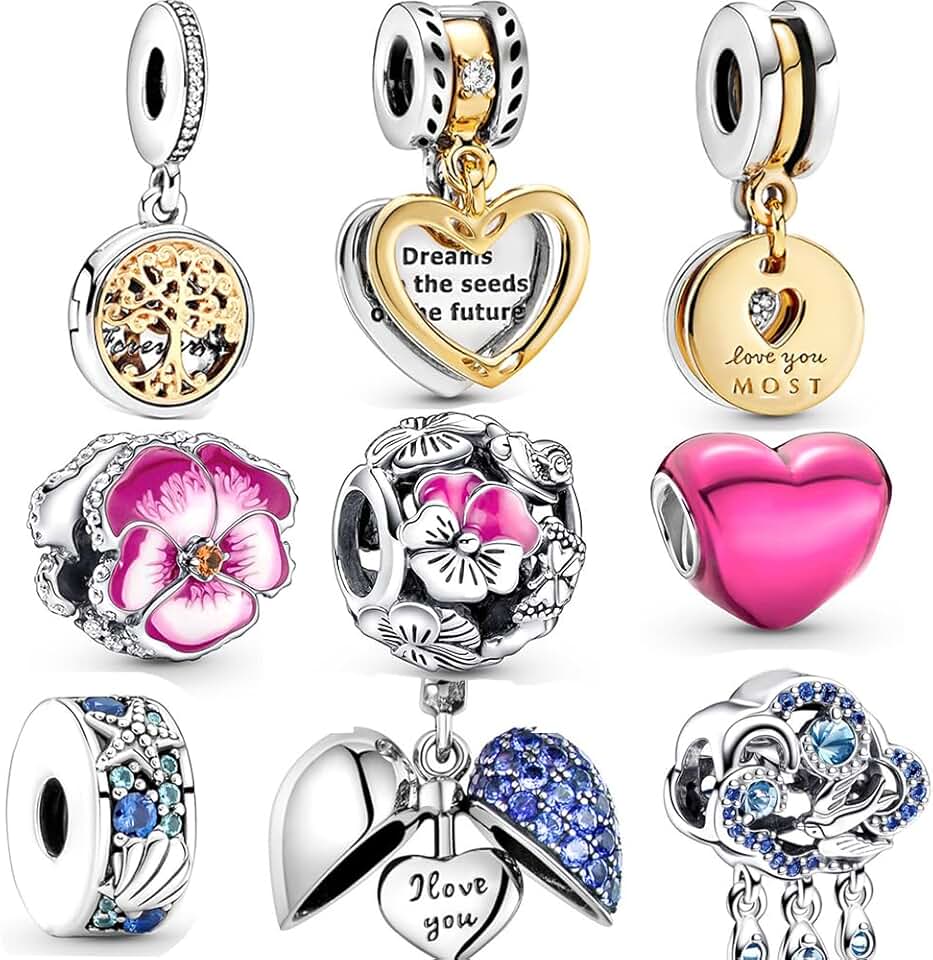 Set of 9 Silver Heart Bead Charms for Jewelry Making