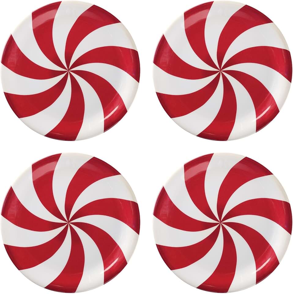 Set of 4 Red Peppermint Melamine Dessert Plates, 6.75 Inch