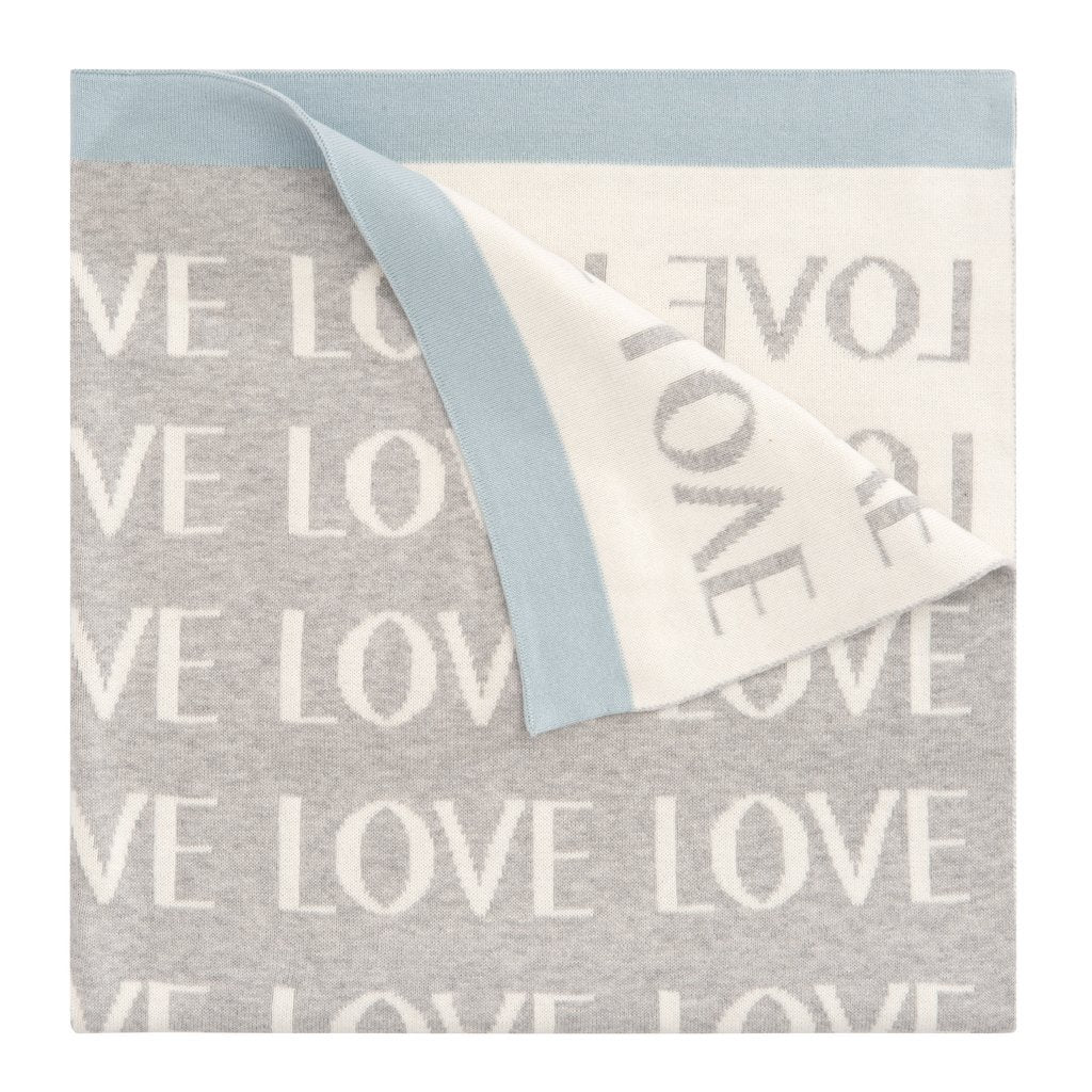 Premium 100% Cotton Knit Blanket, Grey Love with Blue Trim, 30" x 40"