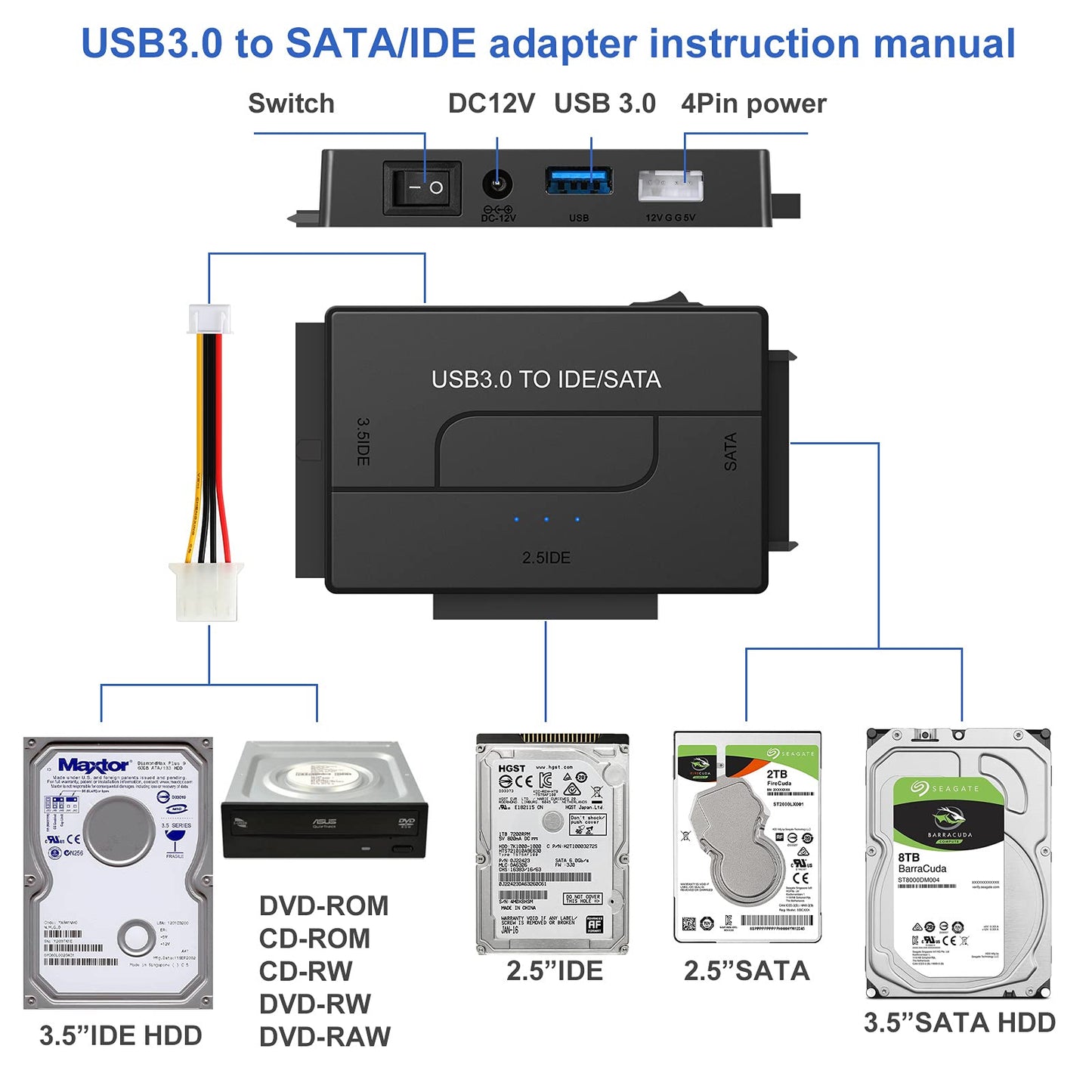 USB 3.0 to SATA IDE Hard Drive Reader, External Hard Drive Converter Universal Hard Drive Adapter Kit for 2.5/3.5 HDD/SSD Hard Drive Disk, Include 12V/2A Power Adapter
