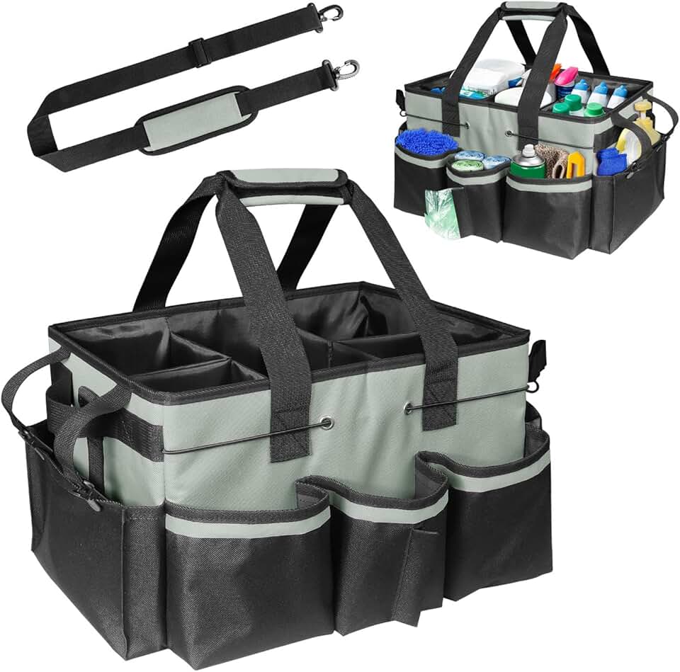 Heavy-duty nylon cleaning supply organizer with handles and adjustable strap