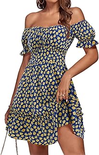 Women's Off Shoulder Puff Sleeve Floral Mini Dress