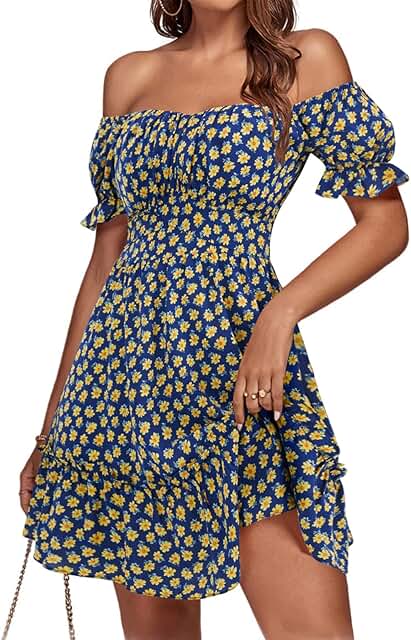 Women's Off Shoulder Puff Sleeve Floral Mini Dress