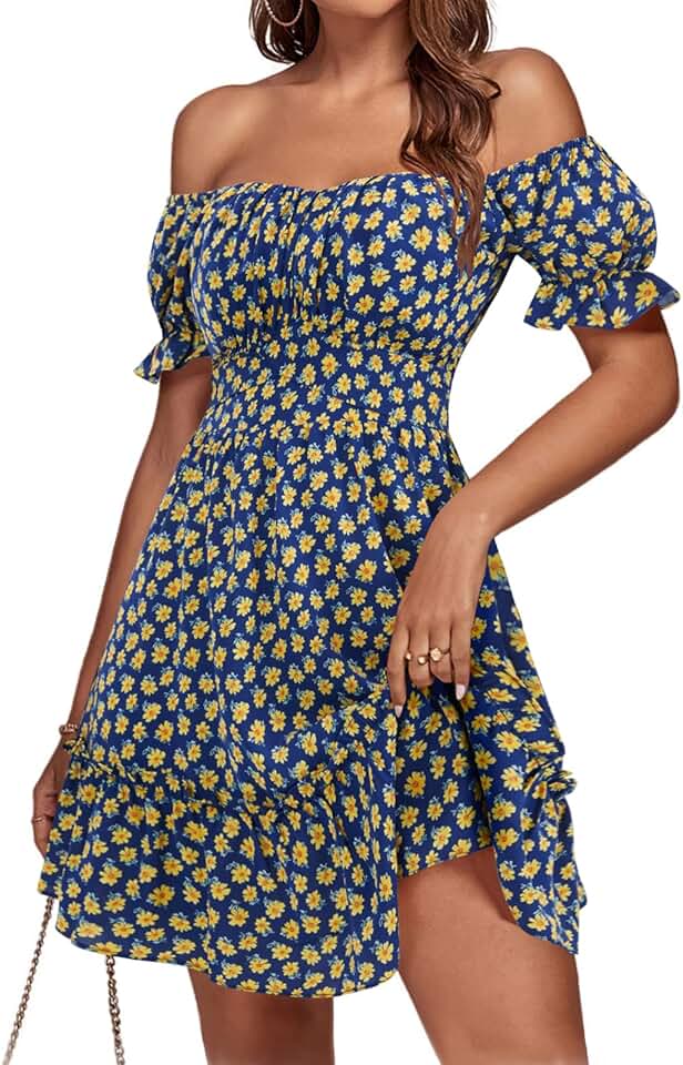 Women's Off Shoulder Puff Sleeve Floral Mini Dress
