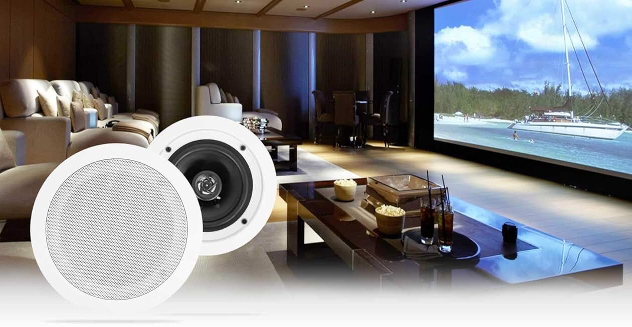 White 5.25-inch in-ceiling home theater speakers