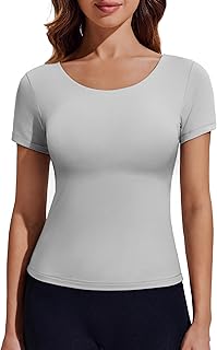 Double Lined Crew Neck Short Sleeve Workout Top for Women