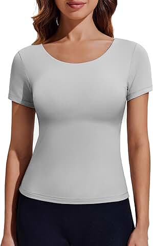 Double Lined Crew Neck Short Sleeve Workout Top for Women