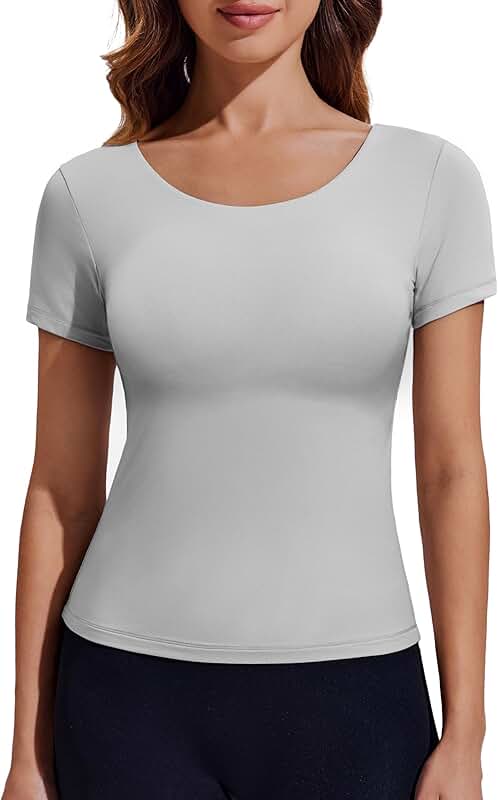 Double Lined Crew Neck Short Sleeve Workout Top for Women