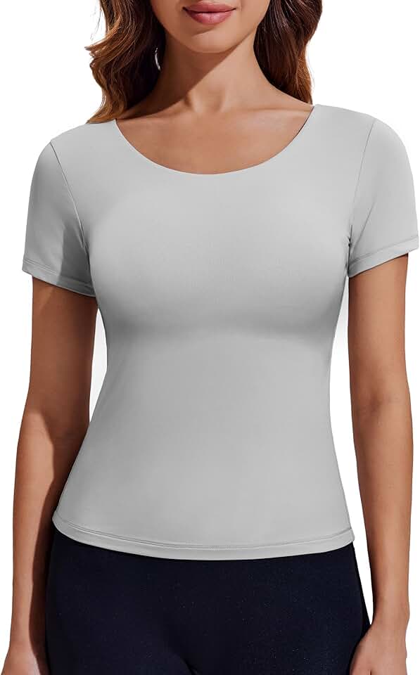 Double Lined Crew Neck Short Sleeve Workout Top for Women