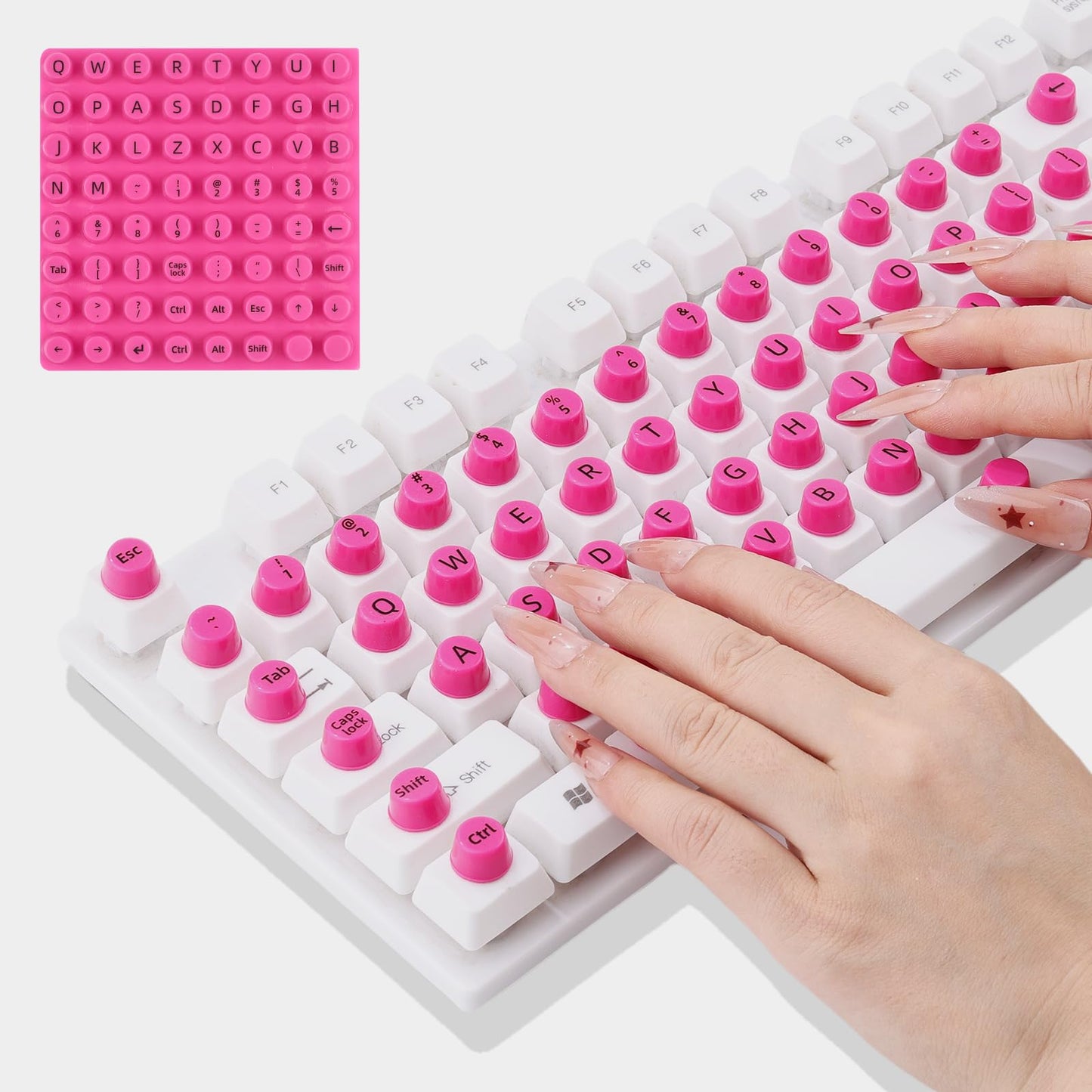 Pink Raised Keyboard Stickers for Long Nails, 64pcs