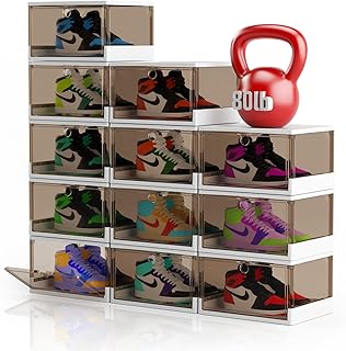 Set of 12 clear stackable shoe boxes with magnetic doors