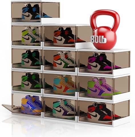 Set of 12 clear stackable shoe boxes with magnetic doors