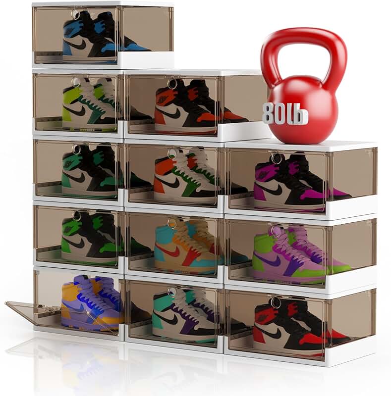 Set of 12 clear stackable shoe boxes with magnetic doors