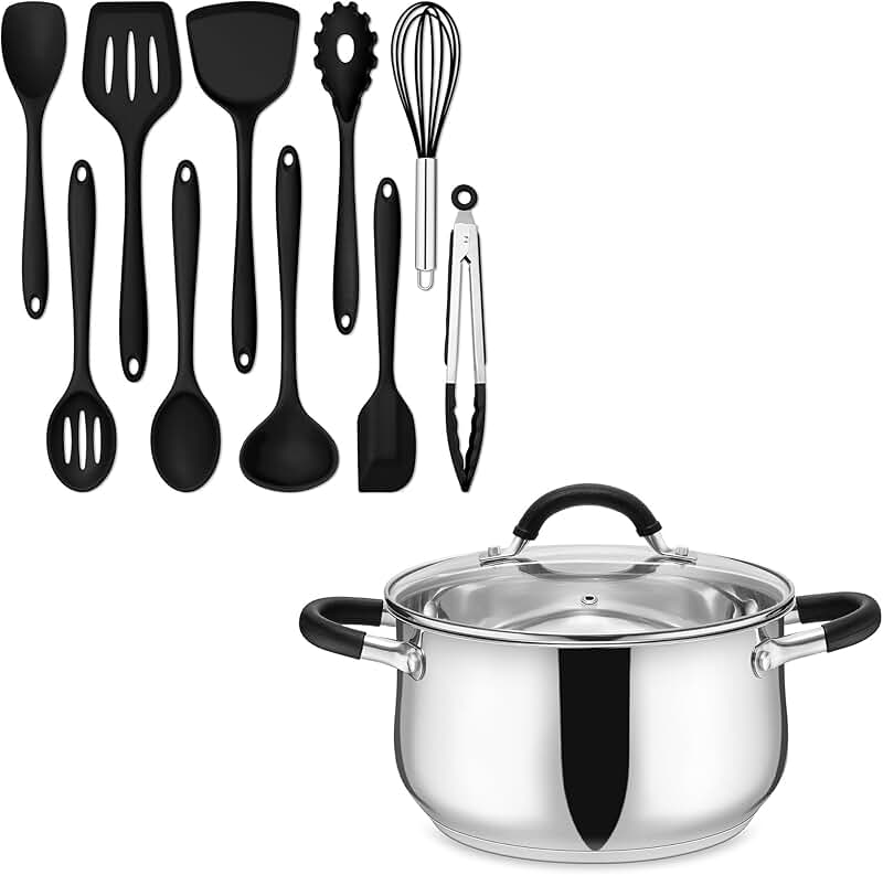 Silicone Cooking Utensils Set with Stainless Steel Pot