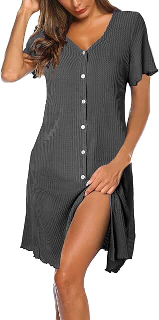 Short Sleeve Waffle Knit Nightgown for Women