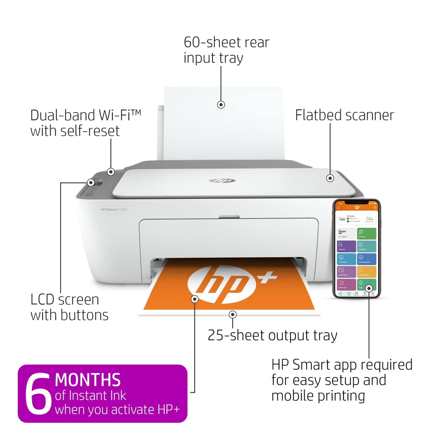 DeskJet 2755e Wireless Color All-in-One Printer with Bonus 6 Months Instant Ink with +