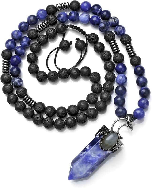 Natural Stone Sodalite Hexagonal Pendant Necklace