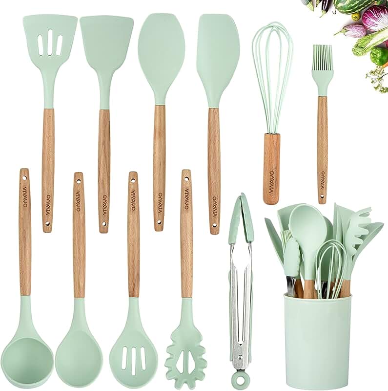12-Piece Mint Green Silicone Kitchen Utensil Set