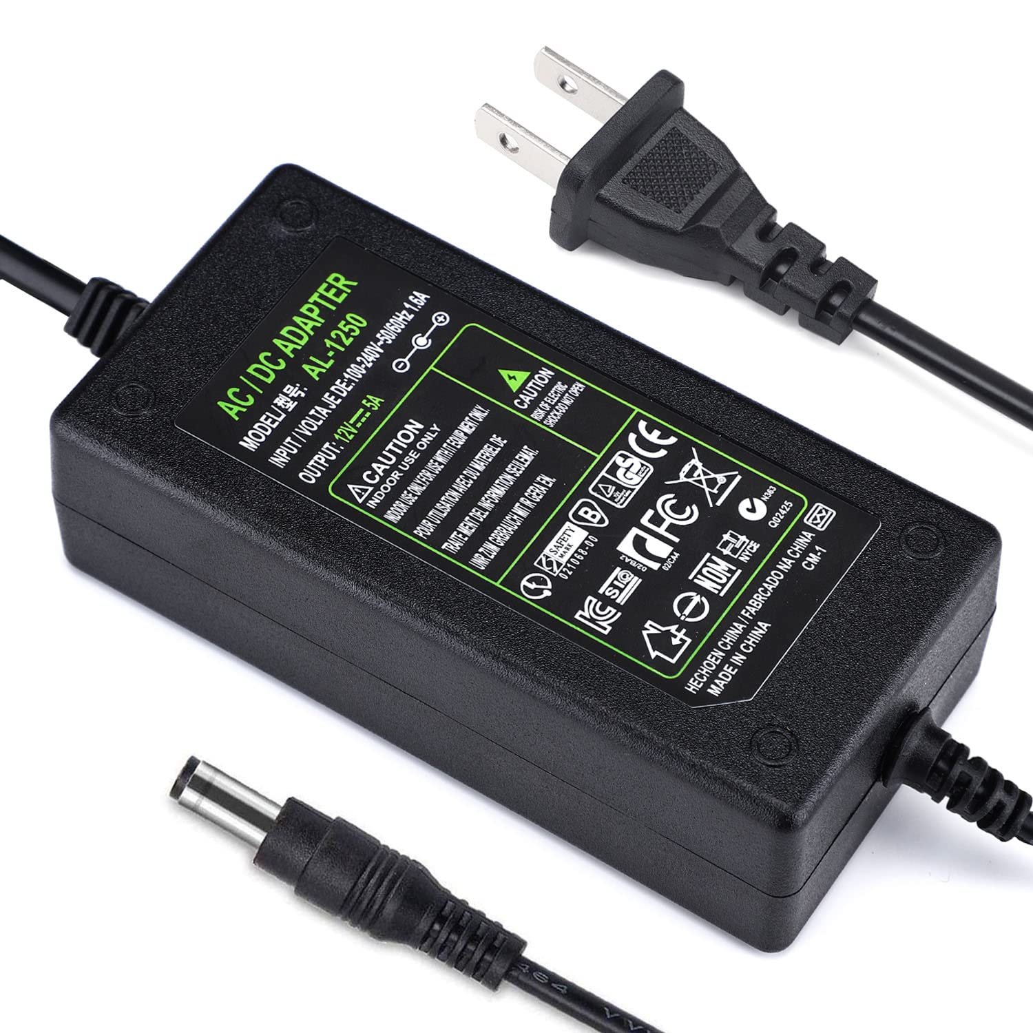 DC 12V 5A Power Supply Adapter 50/60HZ, US Plug, 6.2FT Power Cord, AC 100-240V to DC 12V 5A Switching Transformer Jack 5.5mm x 2.5mm for 3D Printer, Cameras CCTV