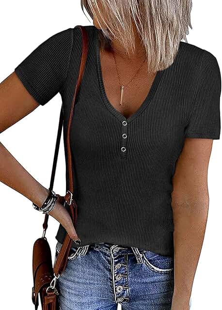Women's Summer Short Sleeve V-Neck Ribbed Knit Button Tunic