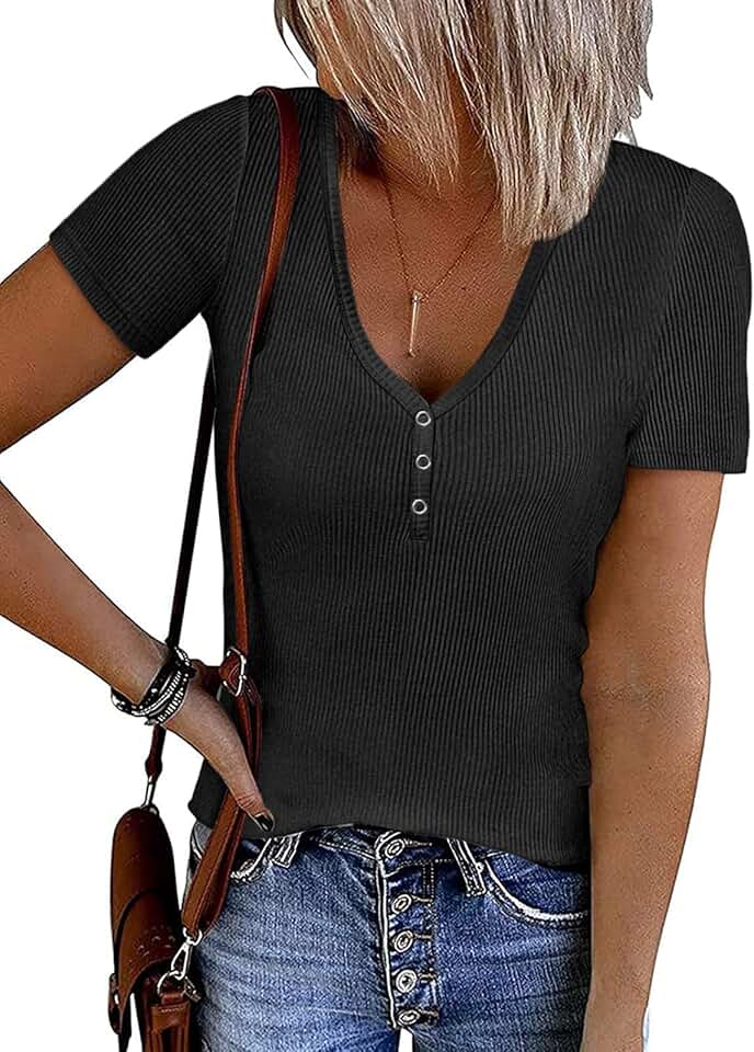Women's Summer Short Sleeve V-Neck Ribbed Knit Button Tunic