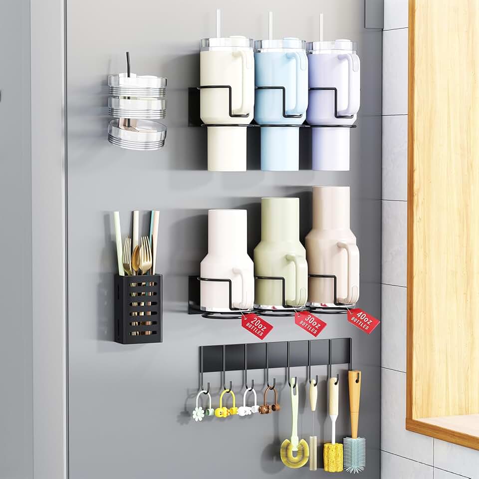 Magnetic Cup Holder with 8-Hook Rack for Fridge